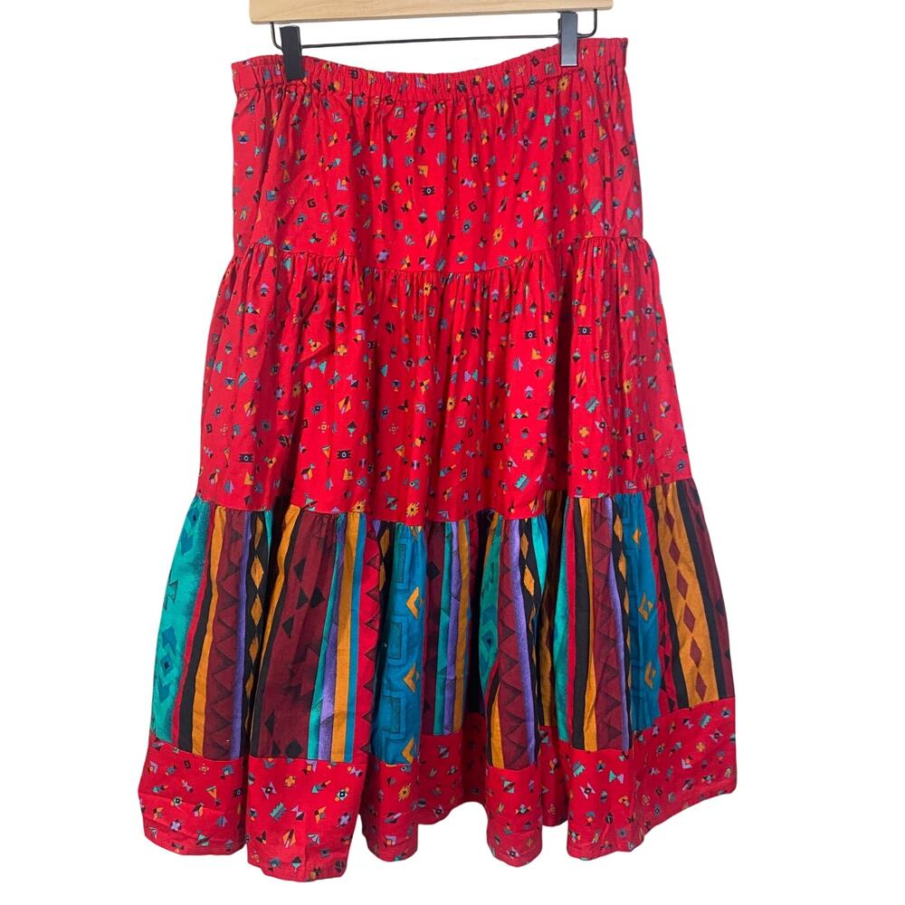 Out West Tiered Maxi Skirt Red Colorful Southwestern Pattern Circle Skirt Sz M-L